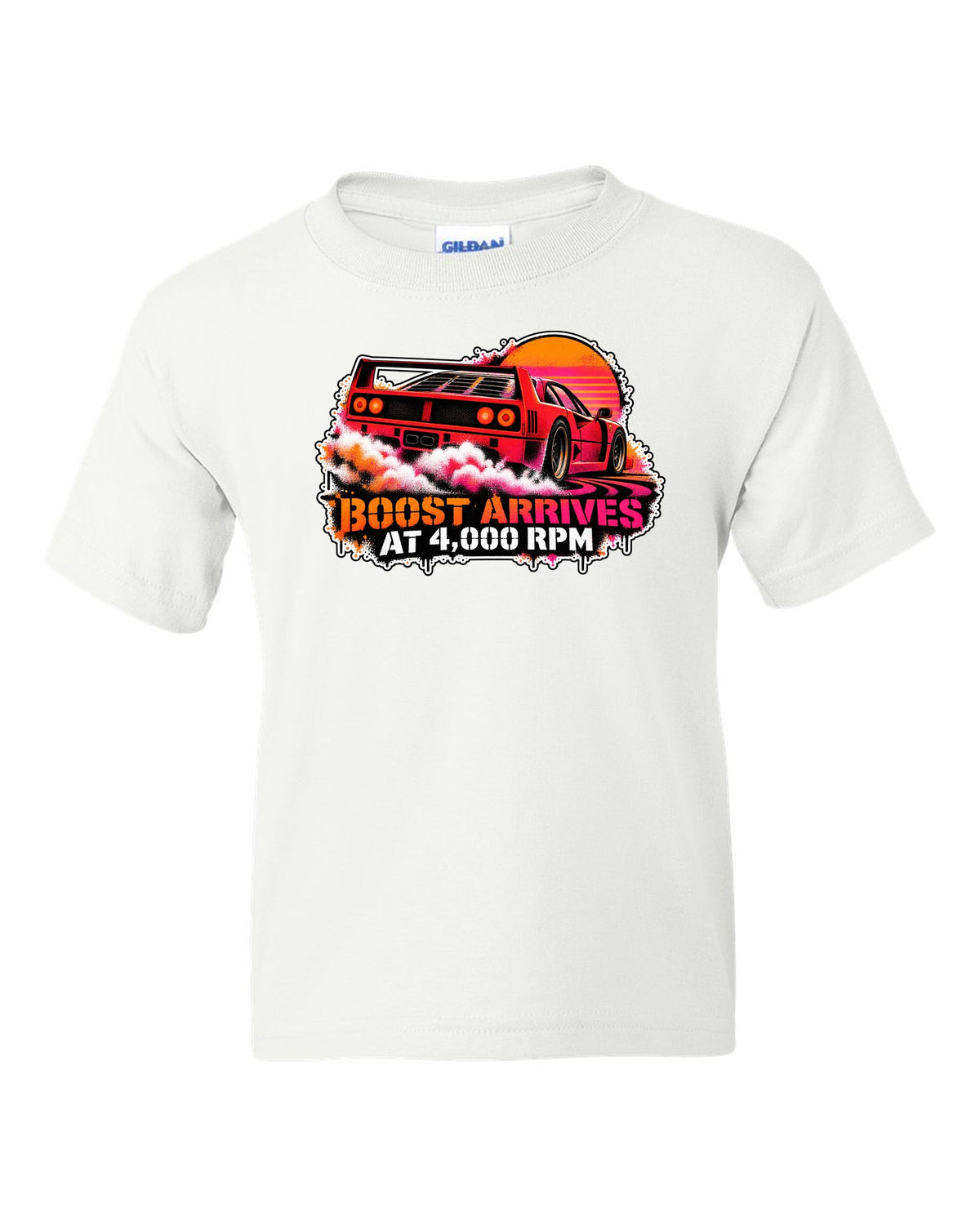 Stencil spray street-art print of a 1987 Ferrari F40 F120 with burnout and boost at 4,000 rpm text white kids tee front view with the design