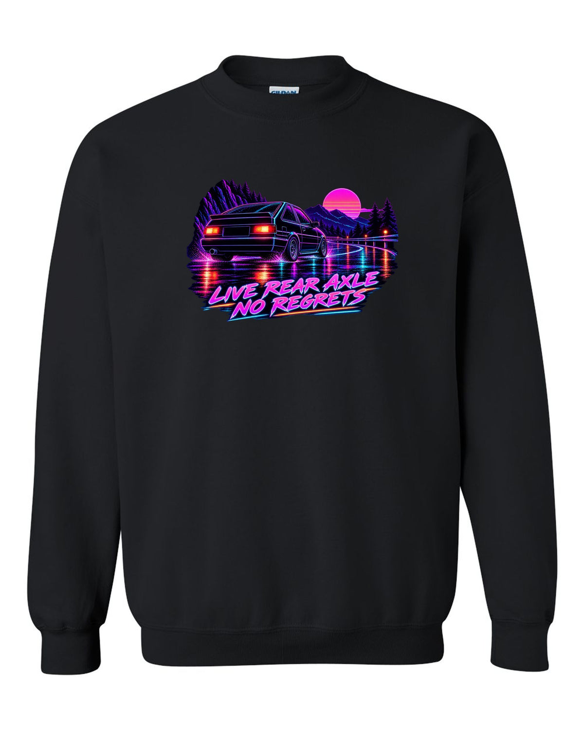 Neon synthwave line art print of a Toyota Corolla Levin AE86 with Live Rear Axle lettering black crewneck front view with the design