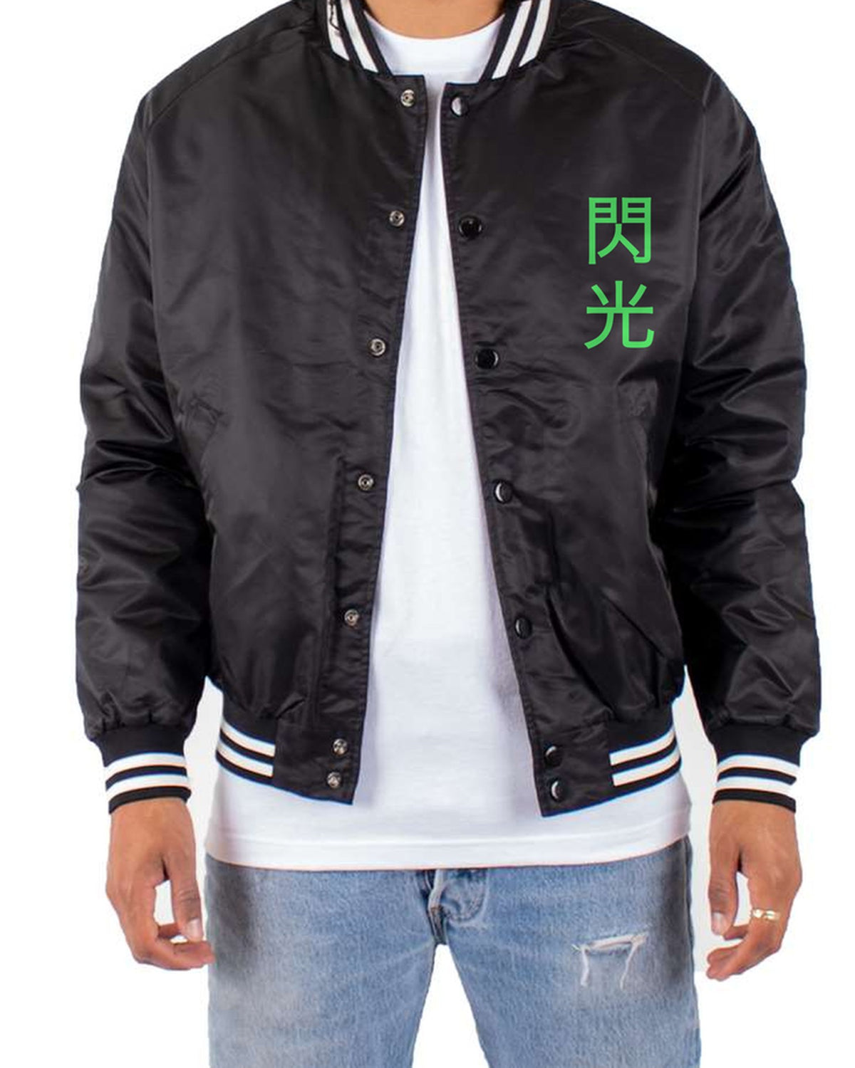 black bomber jacket front view with small kanji mark