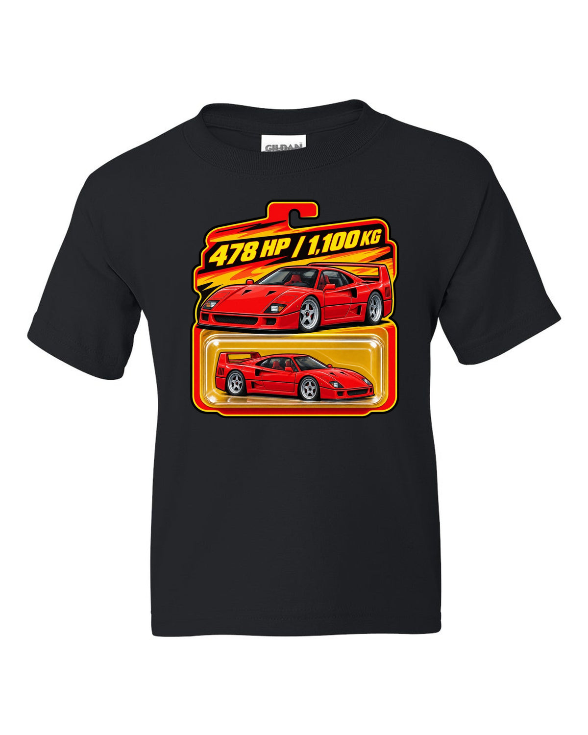Toy blister-card print of a 1987 Ferrari F40 F120 with 478 HP and 1,100 KG text black kids tee front view with the design