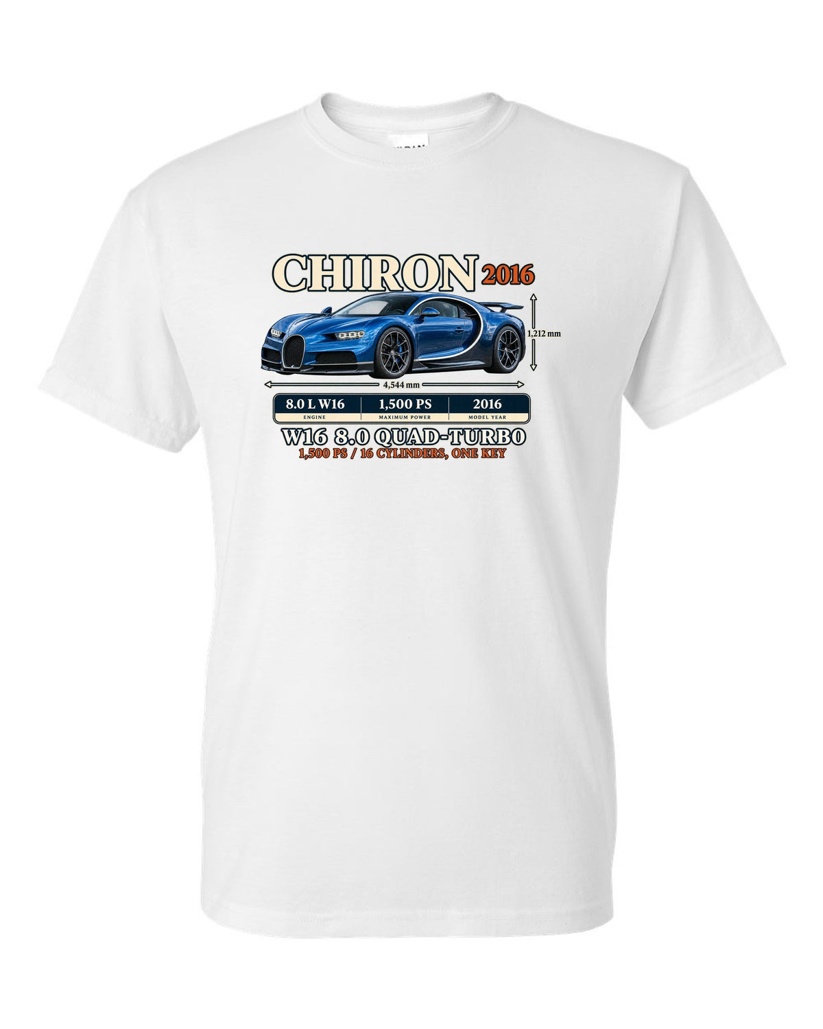 Archive panel print of a steel blue Bugatti Chiron with W16 spec text white t-shirt front view with the design