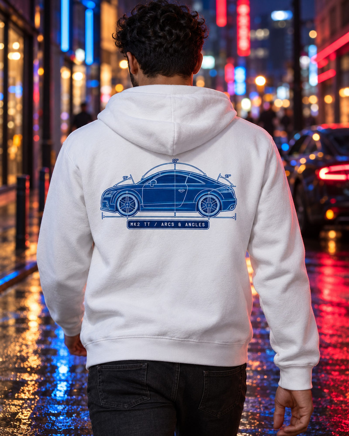 Audi TT 8J Mk2 Cyanotype Blueprint Shirt, Arcs and Angles Zip Hoodie White worn hero