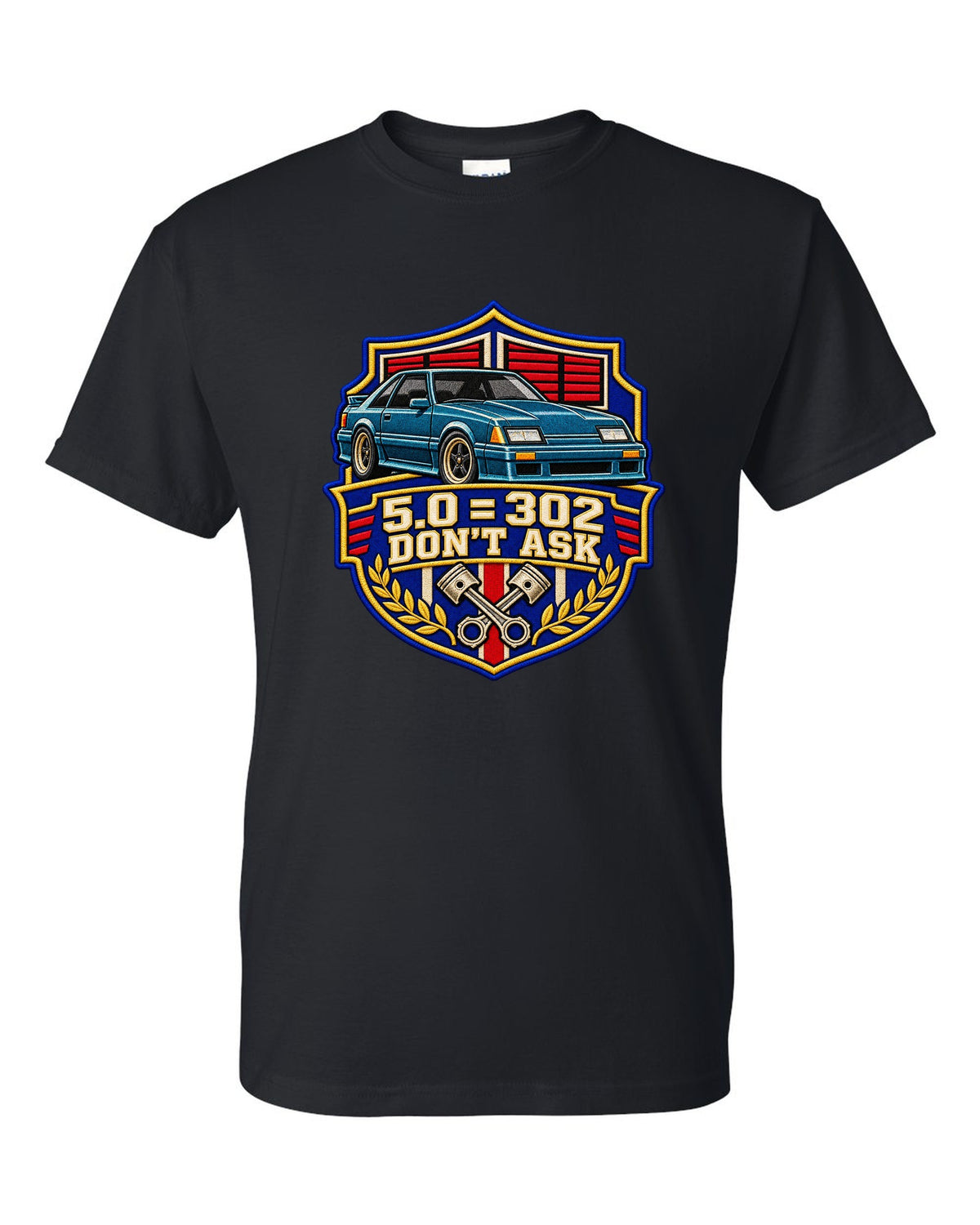 Embroidery-style varsity drag crest print for a Ford Mustang Fox Body chback black t-shirt front view with the design