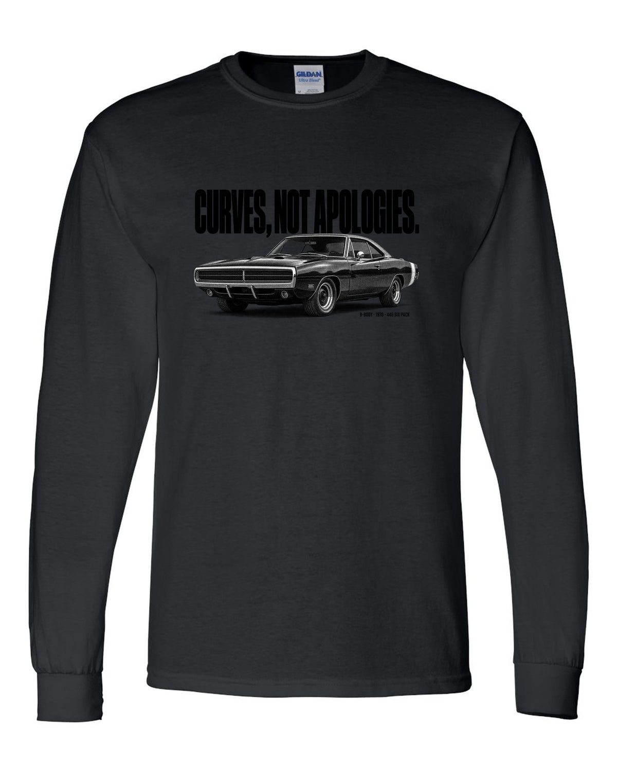Halftone statement print of a 1970 Dodge Charger R/T with curves not apologies text black long sleeve front view with the design