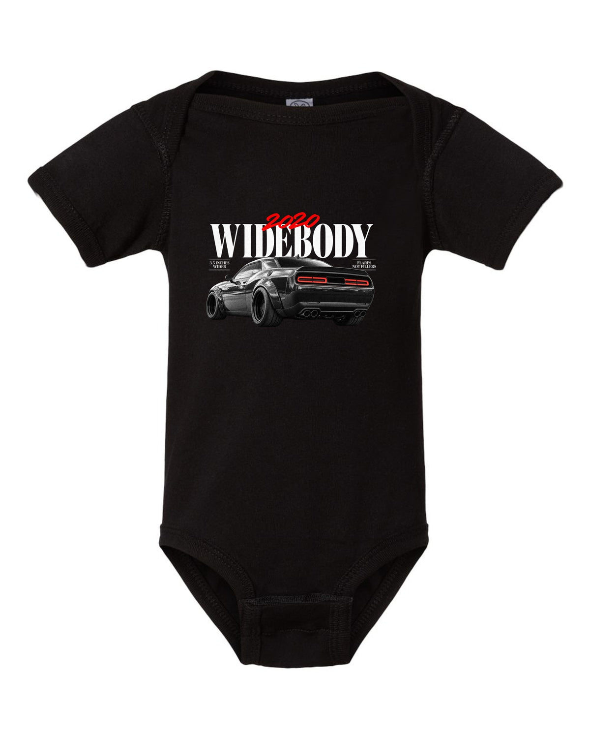 Editorial headline print of a 2020 Dodge Challenger Scat Pack Widebody with 3.5 inches wider text black baby onesie front view with the design