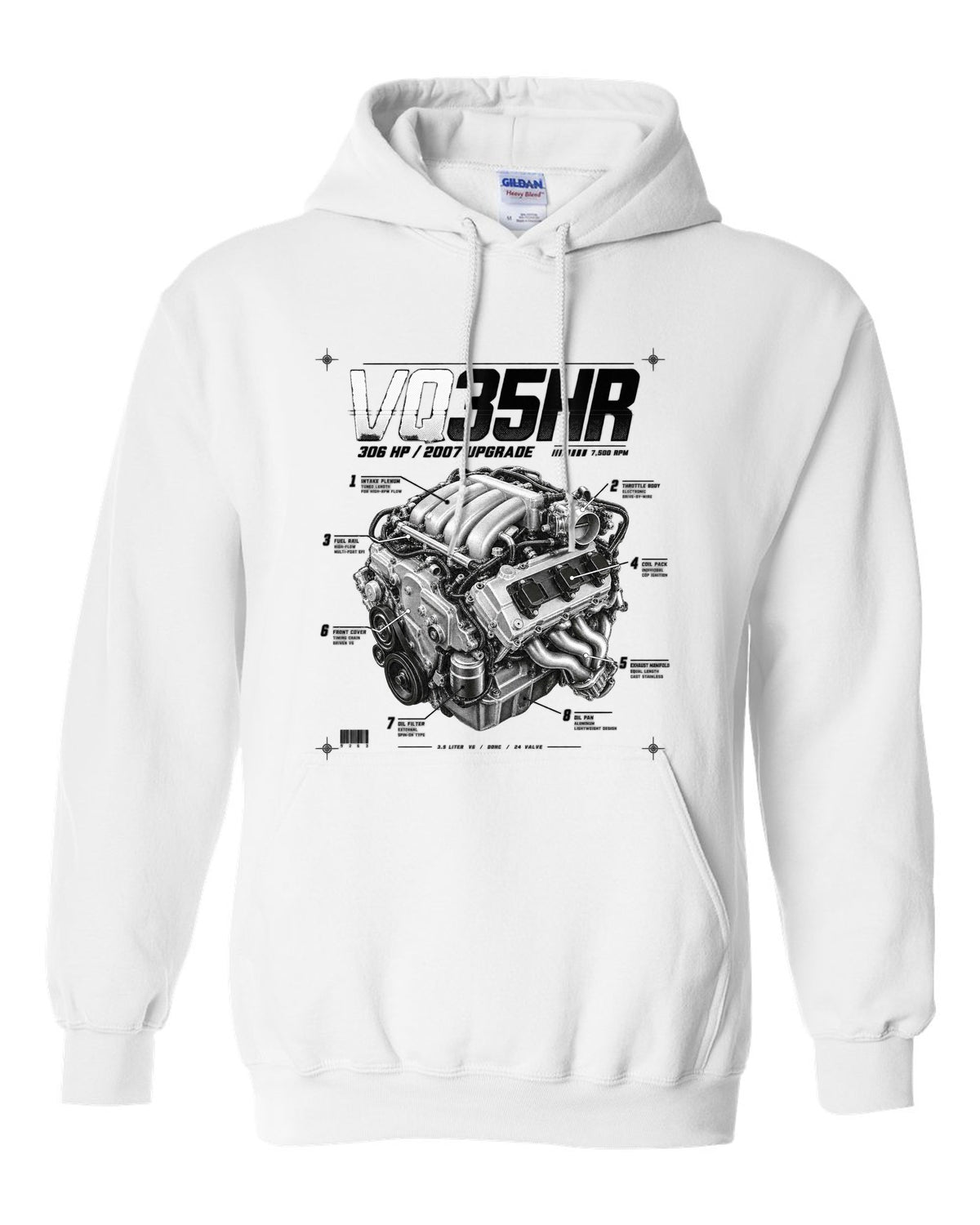 print of a Nissan 350Z Z33 VQ35HR engine plate with 306 HP and 7,500 RPM white pull over hoodie front view with the design