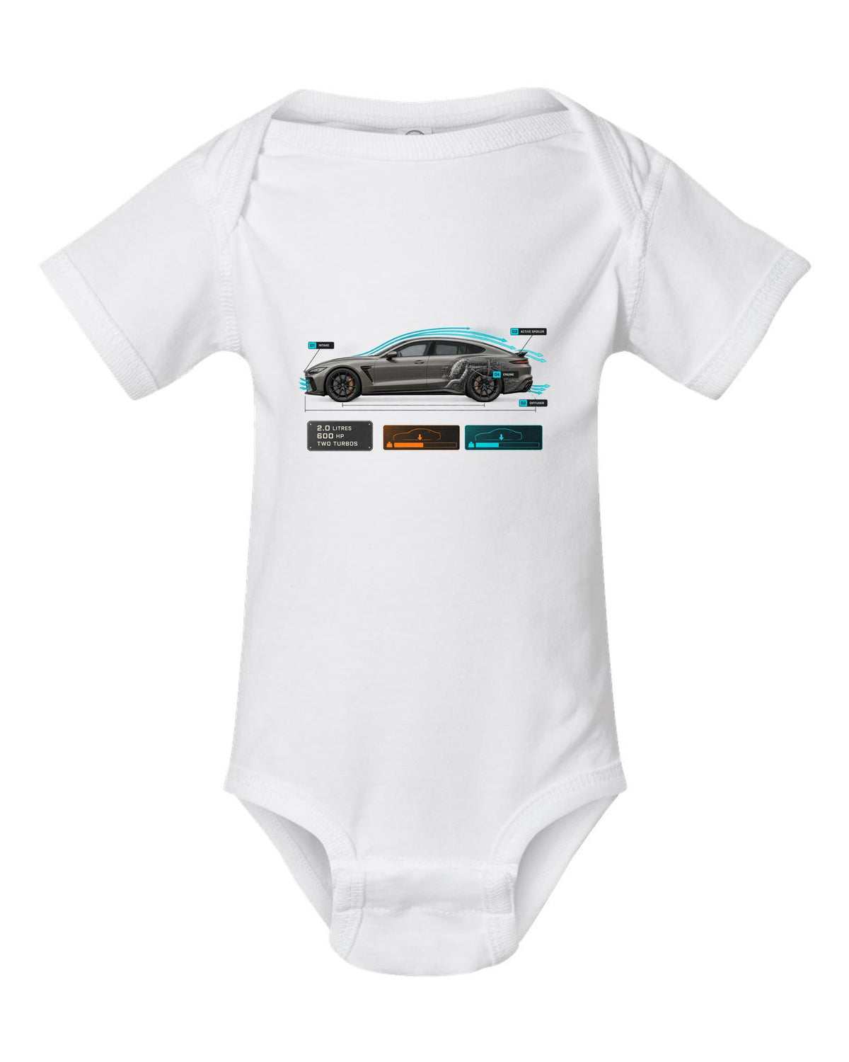 print of the Koenigsegg Gemera with aero callouts and the text 2.0 litres, 600 hp, two turbos white baby onesie front view with the design