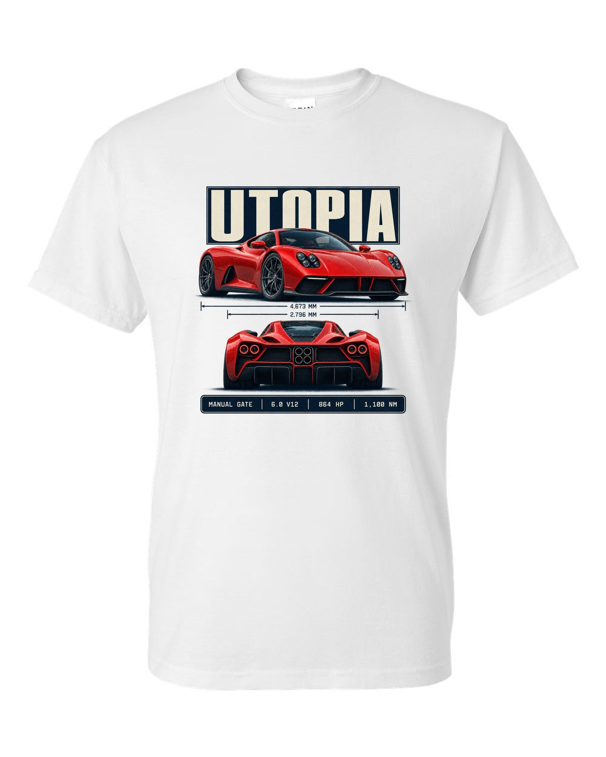 Spec poster print of the Pagani Utopia with the text manual gate, 6.0 V12, 864 hp, 1,100 Nm white t-shirt front view with the design