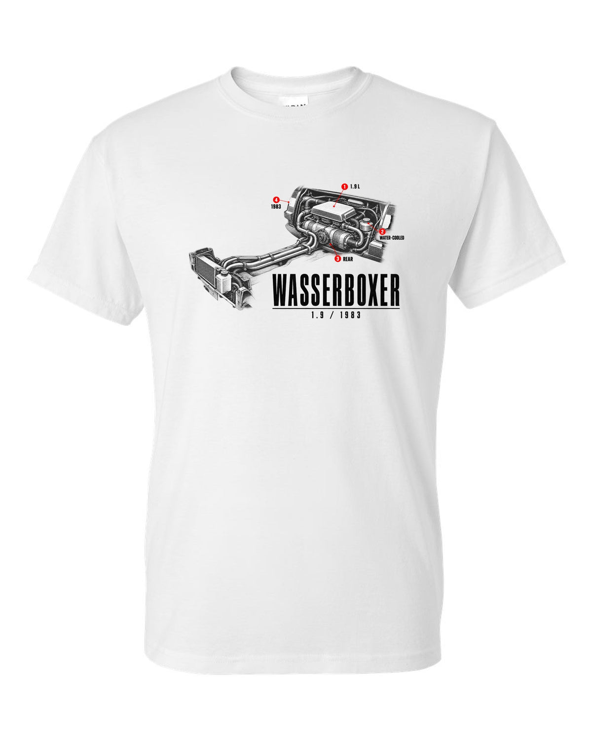 Engine hero print of the VW T3 Wasserboxer 1.9 water-cooled boxer engine with 1983 text white t-shirt front view with the design