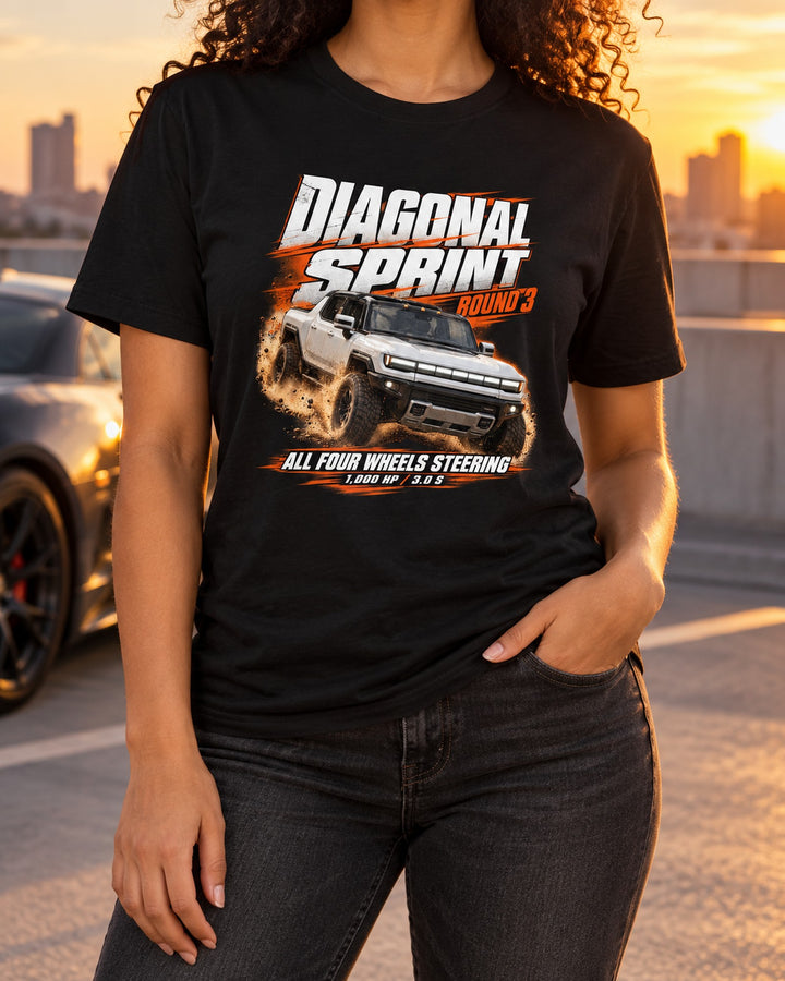 GMC Hummer EV Pickup Diagonal Sprint Race Poster Shirt T-Shirt Black worn hero