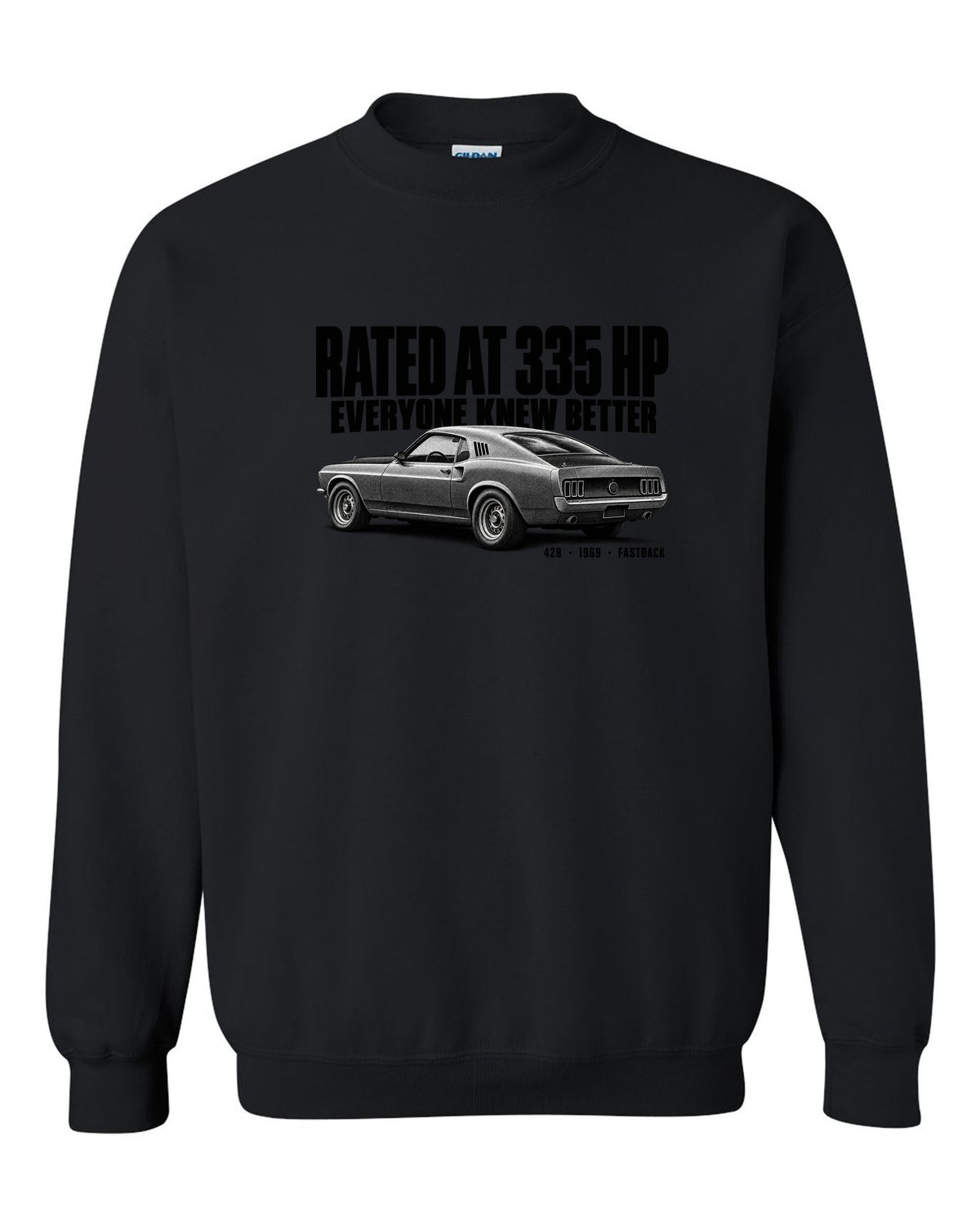 Halftone illustration of a 1969 Ford Mustang fastback with rated at 335 HP lettering black crewneck front view with the design
