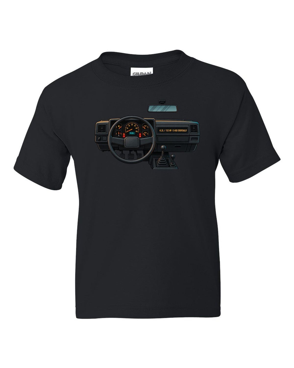 Gauge-cluster HUD print of a Jeep Wrangler YJ with 4.2L and 112 HP text black kids tee front view with the design