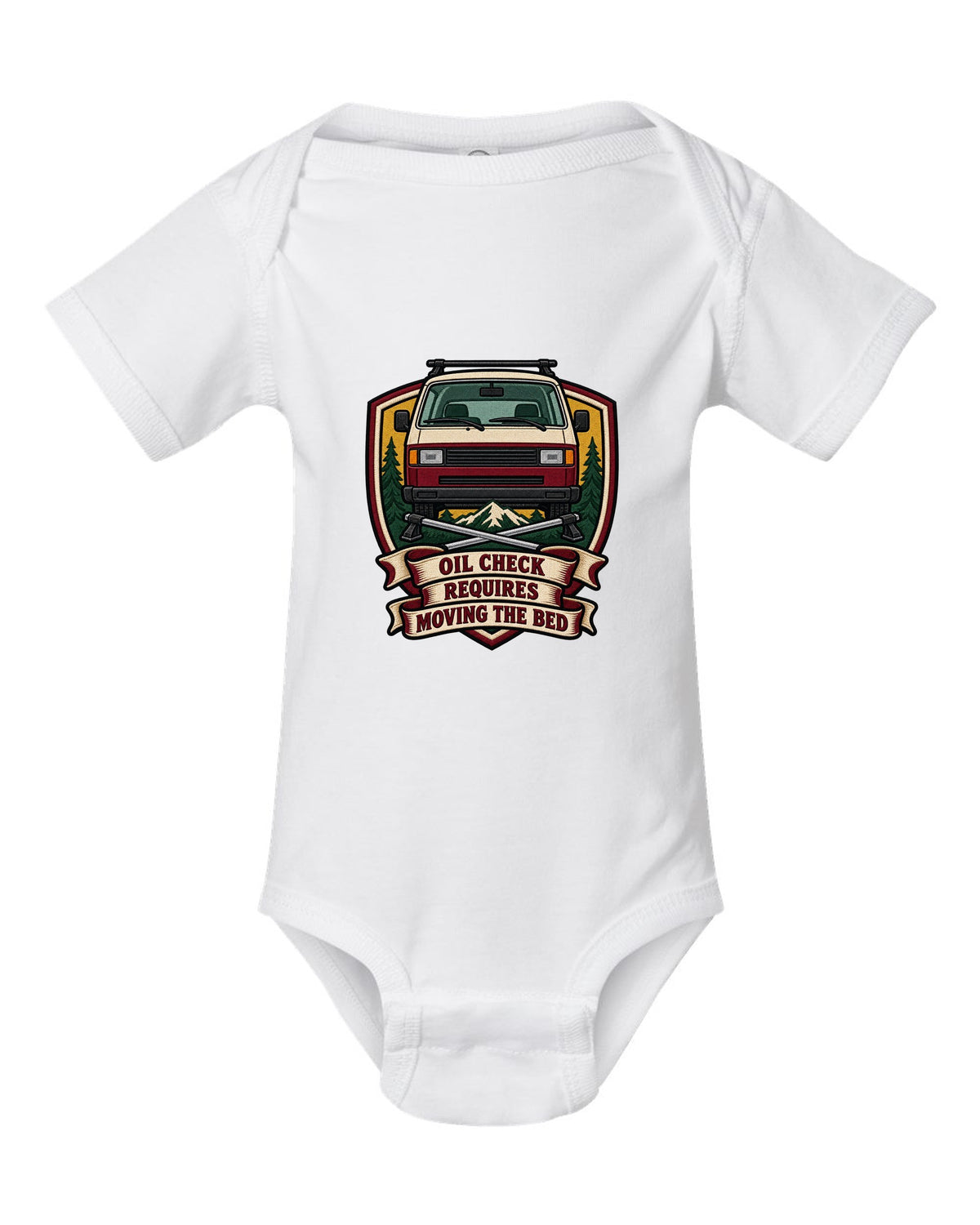 Varsity crest print for a VW T3 Vanagon with oil check requires moving the bed text white baby onesie front view with the design