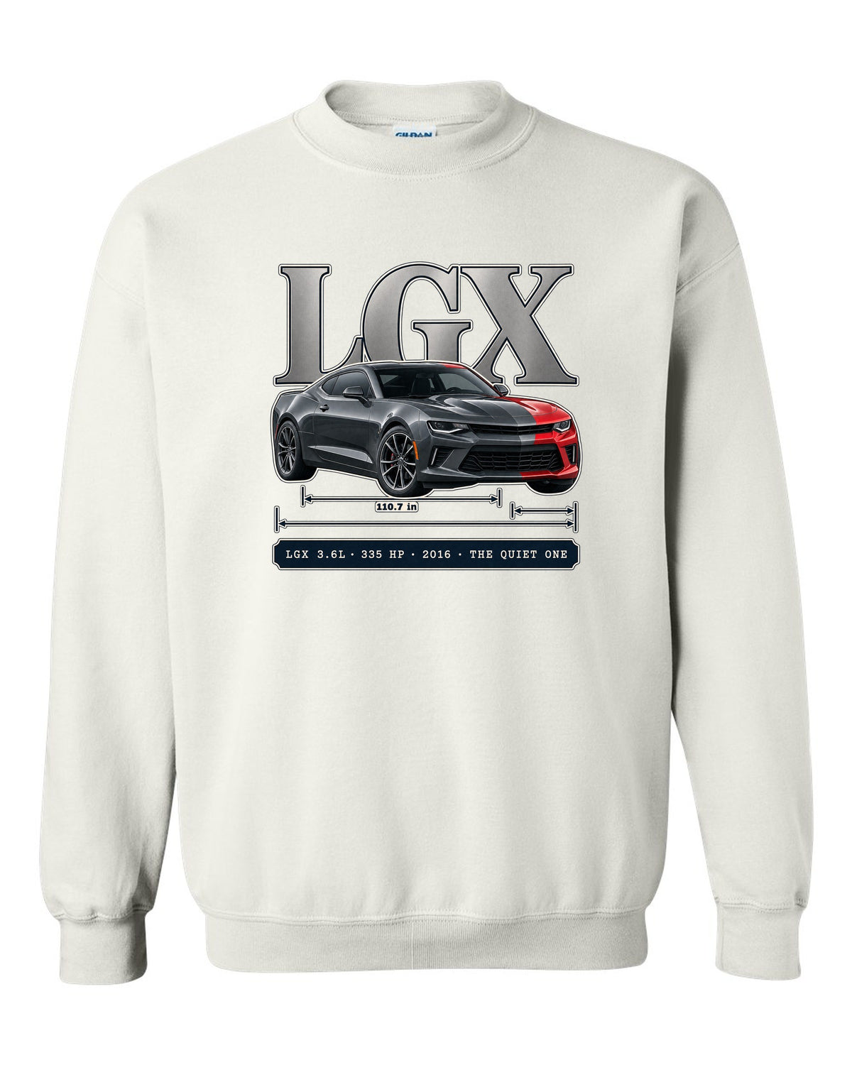 Archive panel print of a 2016 Chevrolet Camaro V6 with LGX 3.6L white crewneck front view with the design