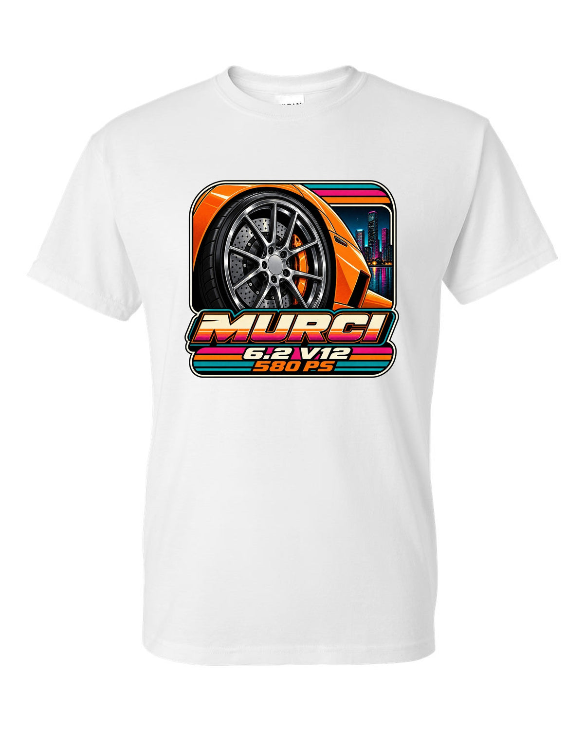 Cassette tape packaging style print of a 2001 Lamborghini Murcielago wheel with 6.2 V12 and 580 PS white t-shirt front view with the design