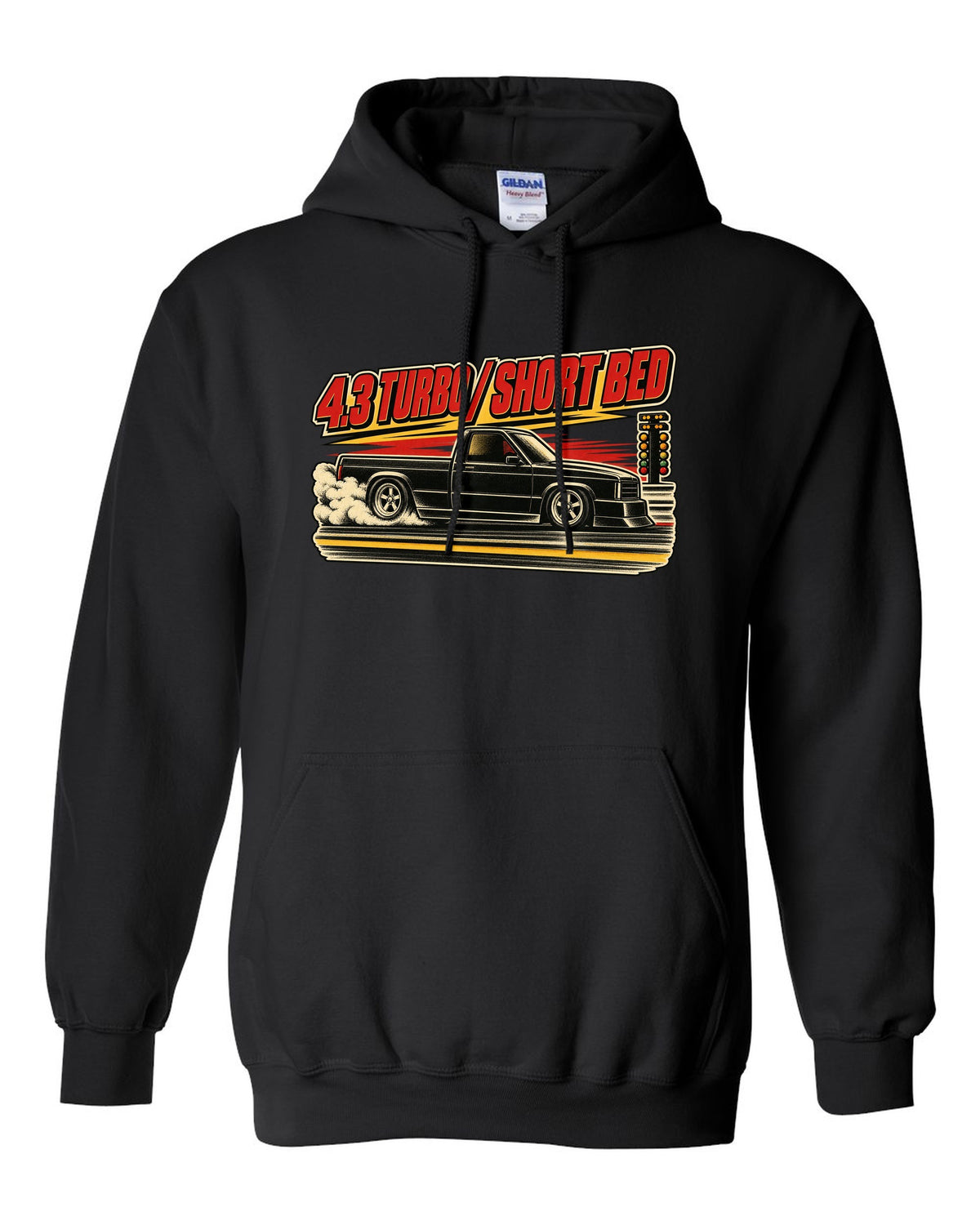 1960s lithograph drag race poster featuring a 1991 GMC Syclone with 4.3 TURBO / SHORT BED text black pull over hoodie front view with the design
