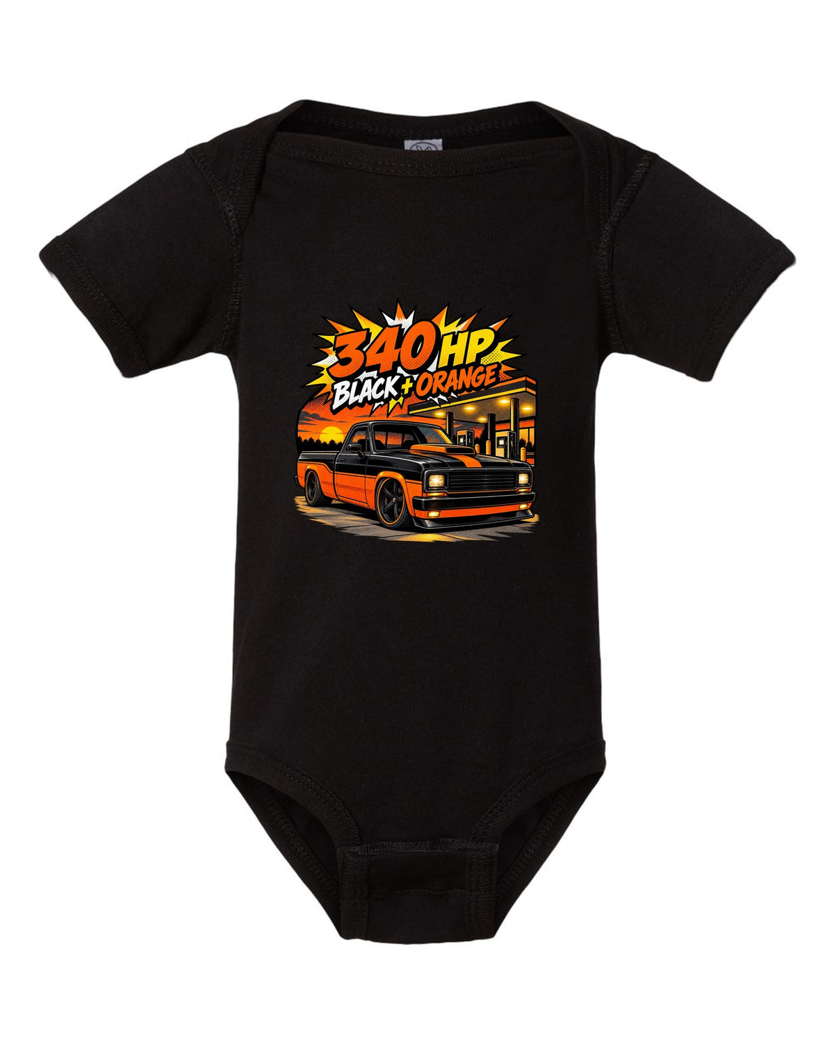 Ford F-150 SVT Lightning Harley edition in a comic halftone pop-art print black baby onesie front view with the design
