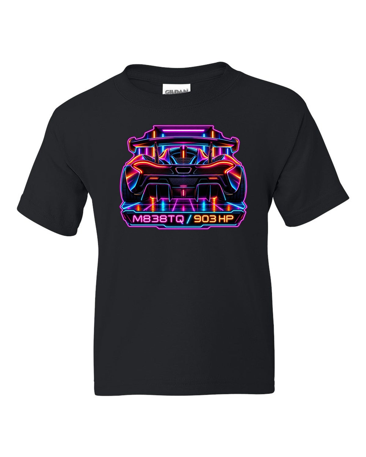 Synthwave neon print of the McLaren P1 with M838TQ and 903 HP lettering black kids tee front view with the design