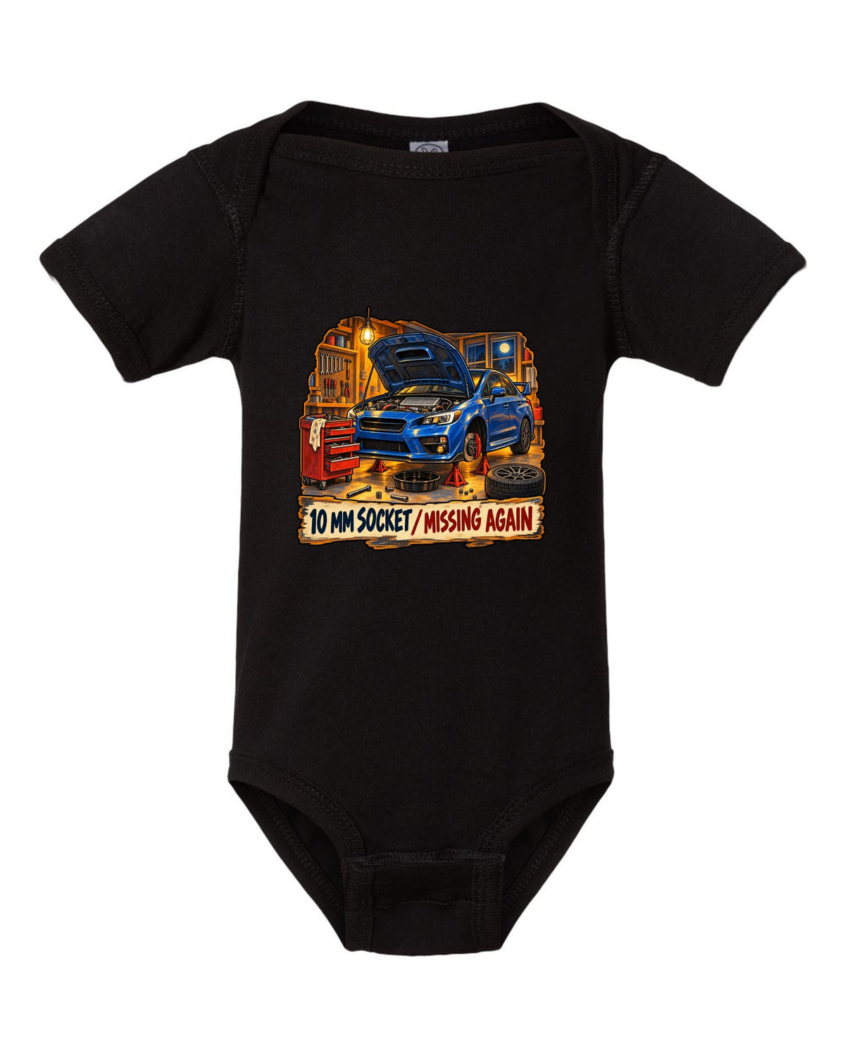 Subaru WRX STI VAB gouache workshop illustration, 10 MM SOCKET / MISSING AGAIN black baby onesie front view with the design