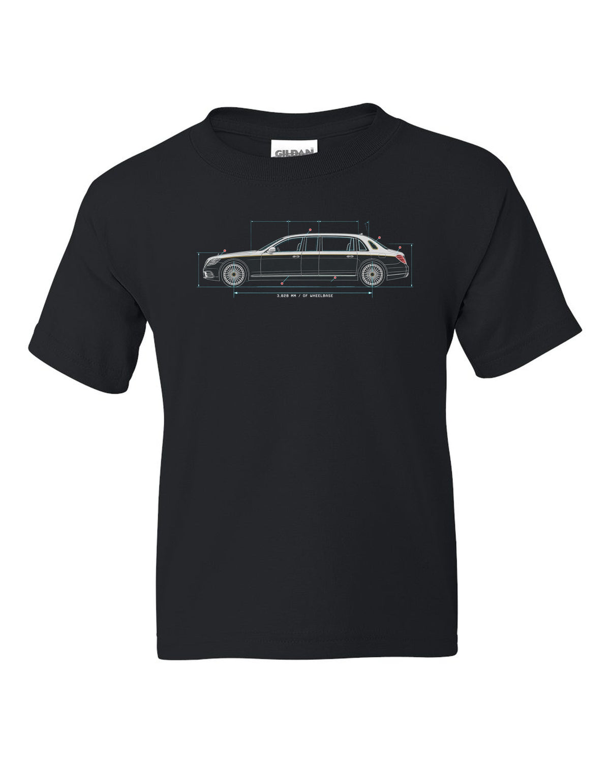 Maybach 62 S W240 Limousine Side Blueprint Tee black kids tee front view with the design