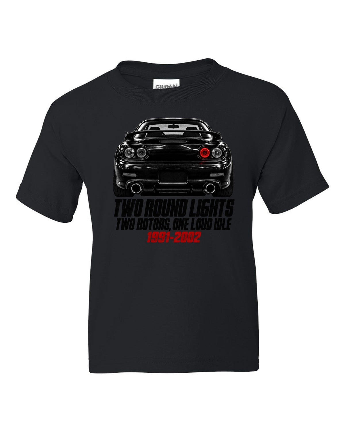 Taillight detail print of a Mazda RX-7 FD3S with two round lamps black kids tee front view with the design