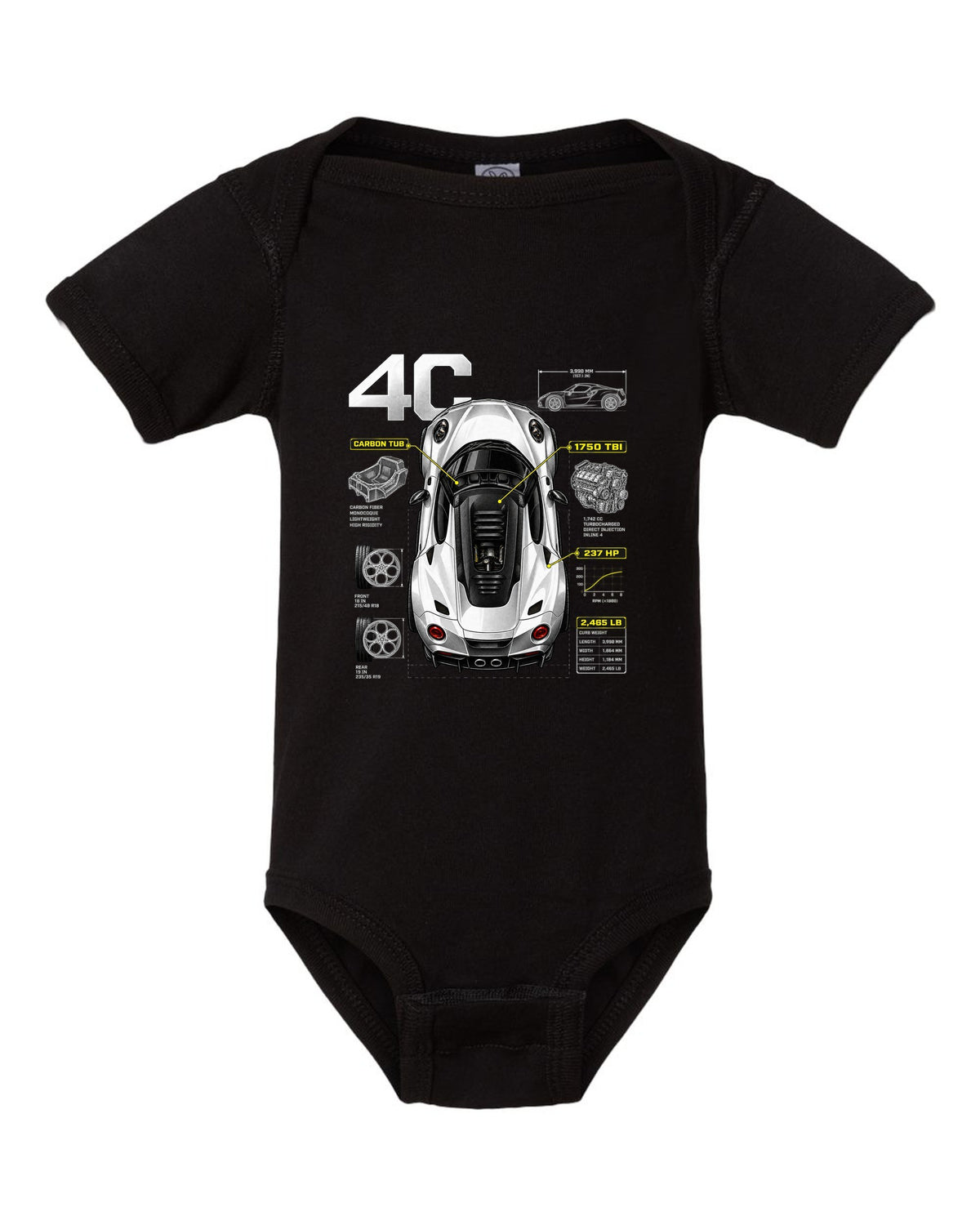 Overhead spec poster print of an Alfa Romeo 4C with carbon tub and 237 HP text black baby onesie front view with the design
