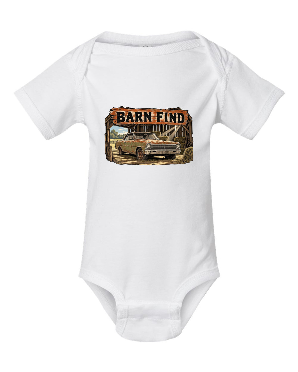 Retro manga halftone print of a 1966 Chevrolet Nova Chevy II with the text Barn Find white baby onesie front view with the design