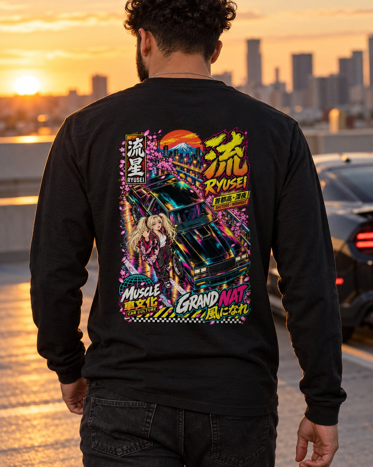 RYUSEI GRAND NAT Anime Girl Full-Back Graphic Tee Long Sleeve Black worn hero