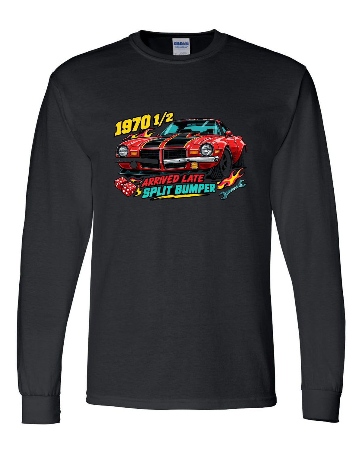 1970 Chevrolet Camaro Z28 split bumper sticker-bomb collage print reading 1970 1/2 Arrived Late black long sleeve front view with the design
