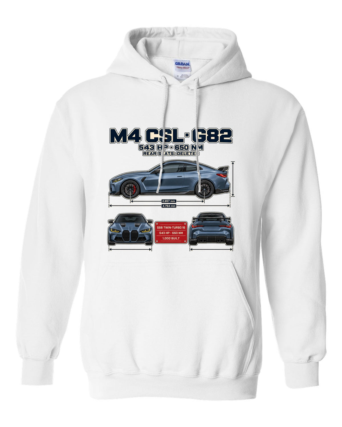 BMW M4 CSL G82 three-view spec table print white pull over hoodie front view with the design