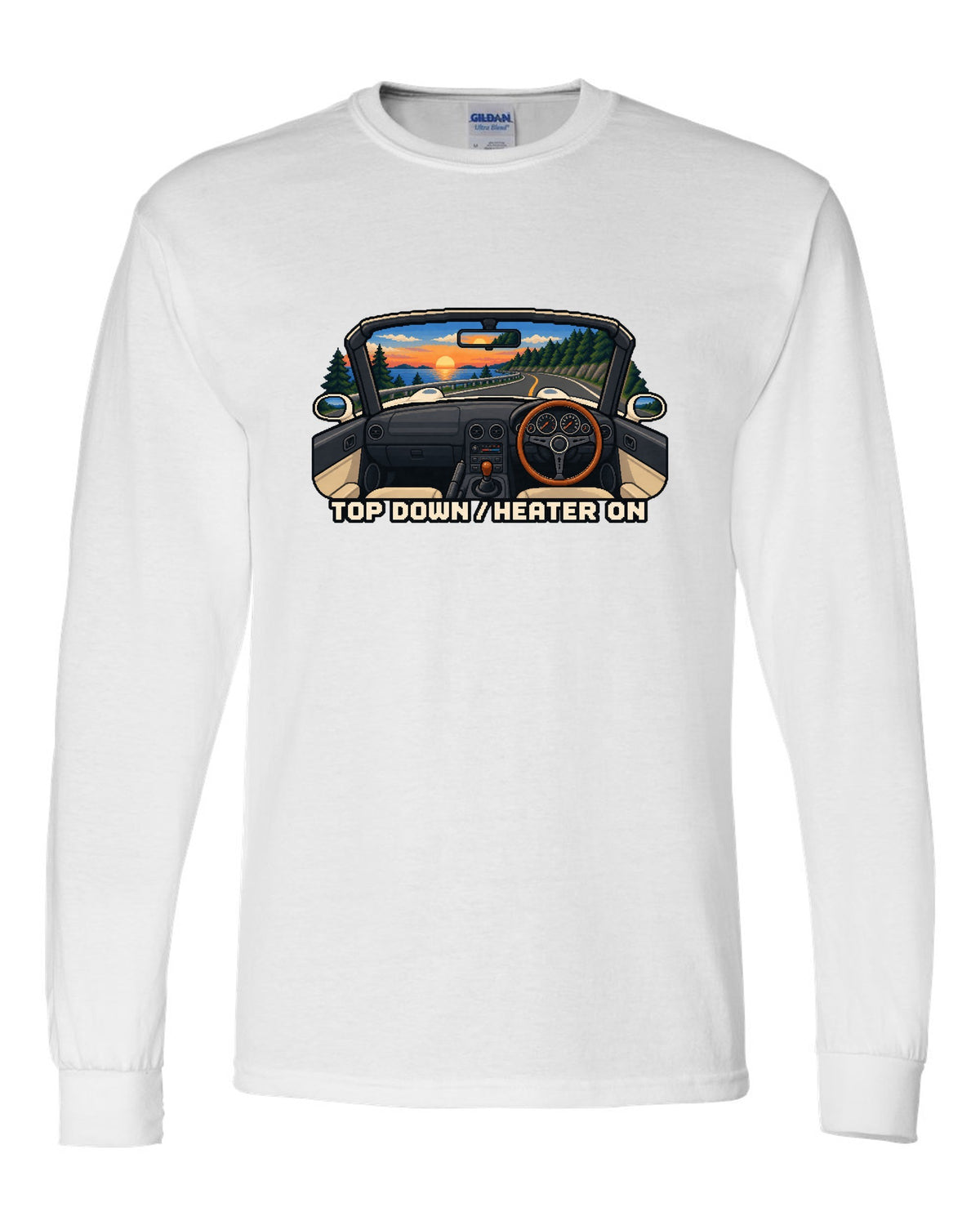 Cel-shaded 90s anime night scene of a Mazda RX-7 FD3S under sodium lights white long sleeve front view with the design