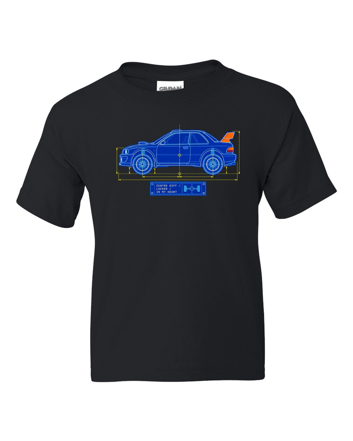 Blueprint line art of a Toyota Celica GT-Four ST185 with centre diff lettering black kids tee front view with the design