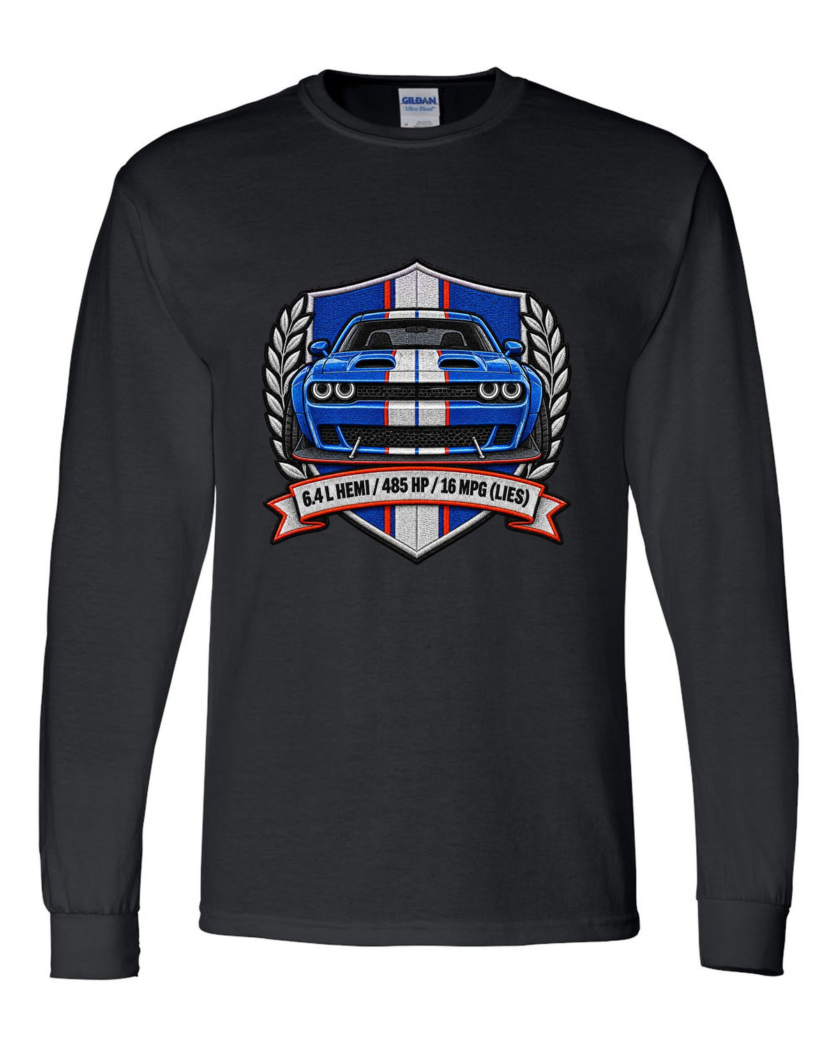 Embroidered shield patch design for a 2015 Dodge Challenger Scat Pack 392 Widebody with 6.4 L HEMI specs black long sleeve front view with the design