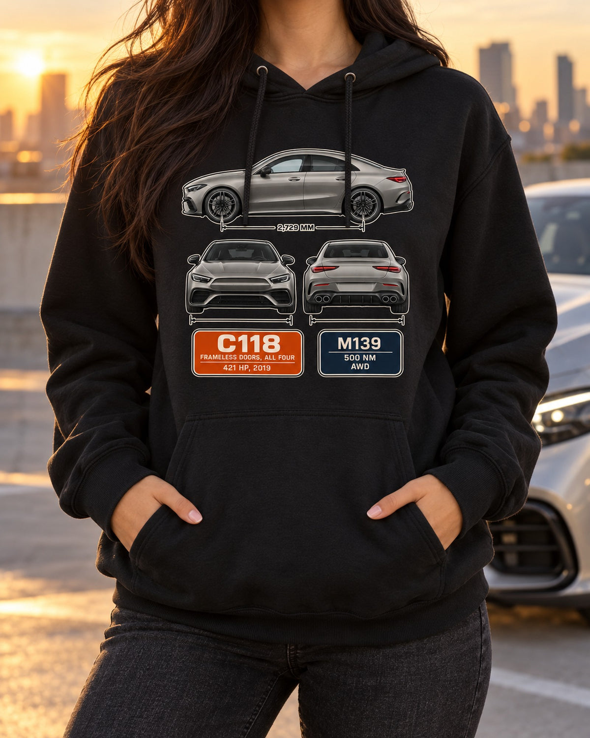 Mercedes-AMG CLA 45 S C118 Three-View Spec Poster Tee Pull Over Hoodie Black worn hero