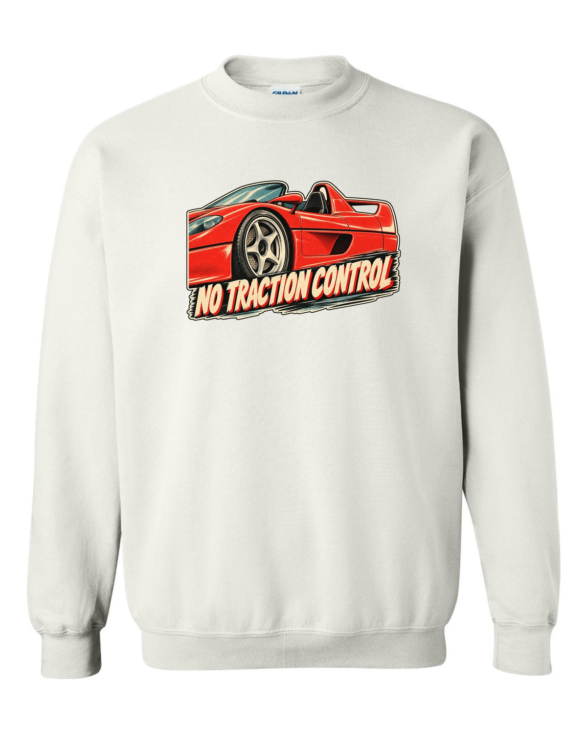 Retro Japanese showa advert style print of a 1995 Ferrari F50 F130 with no traction control text white crewneck front view with the design