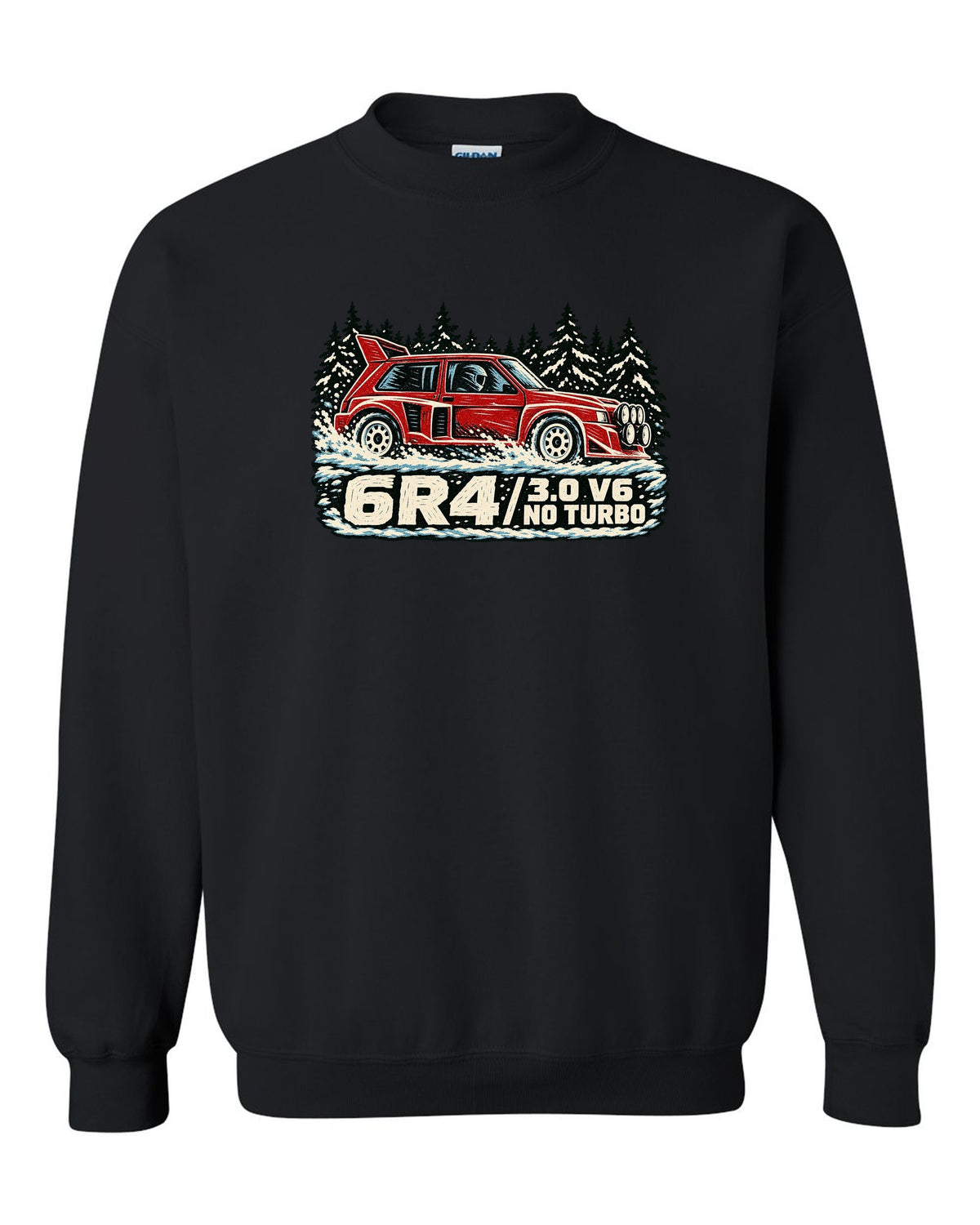 Linocut style print of an MG Metro 6R4 with 3.0 V6 and no turbo lettering black crewneck front view with the design