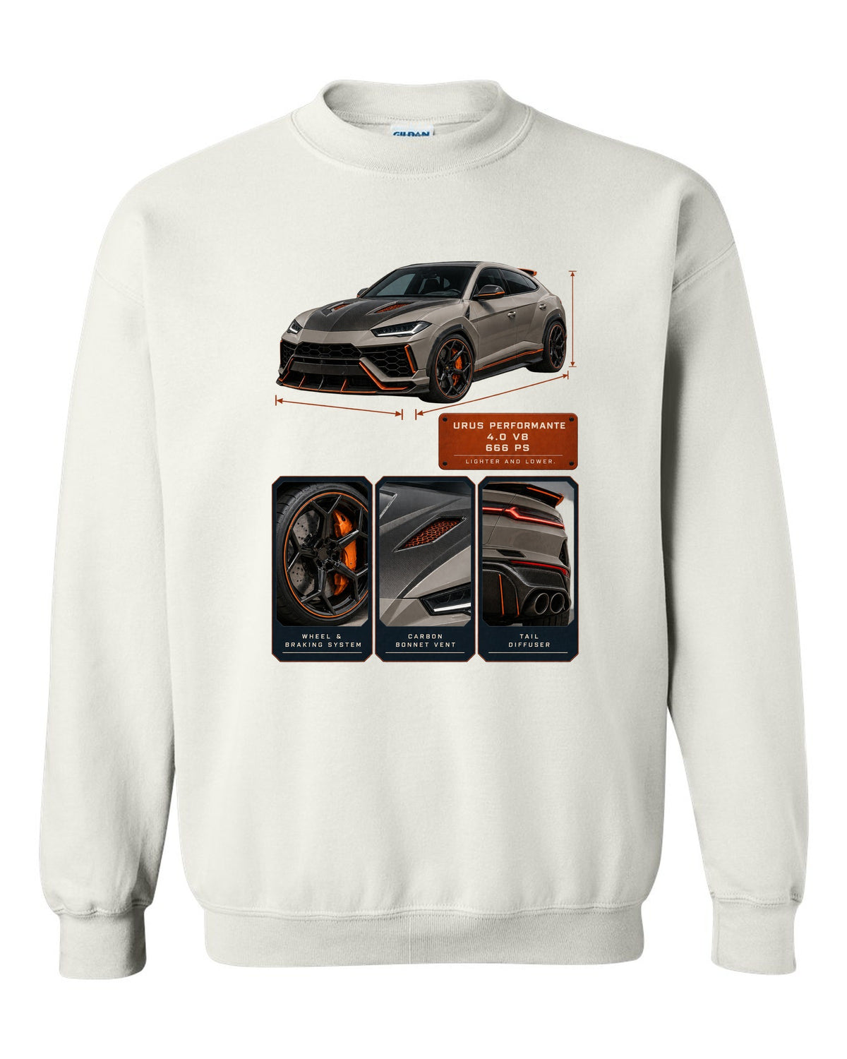 Dossier panel print of the Lamborghini Urus Performante white crewneck front view with the design