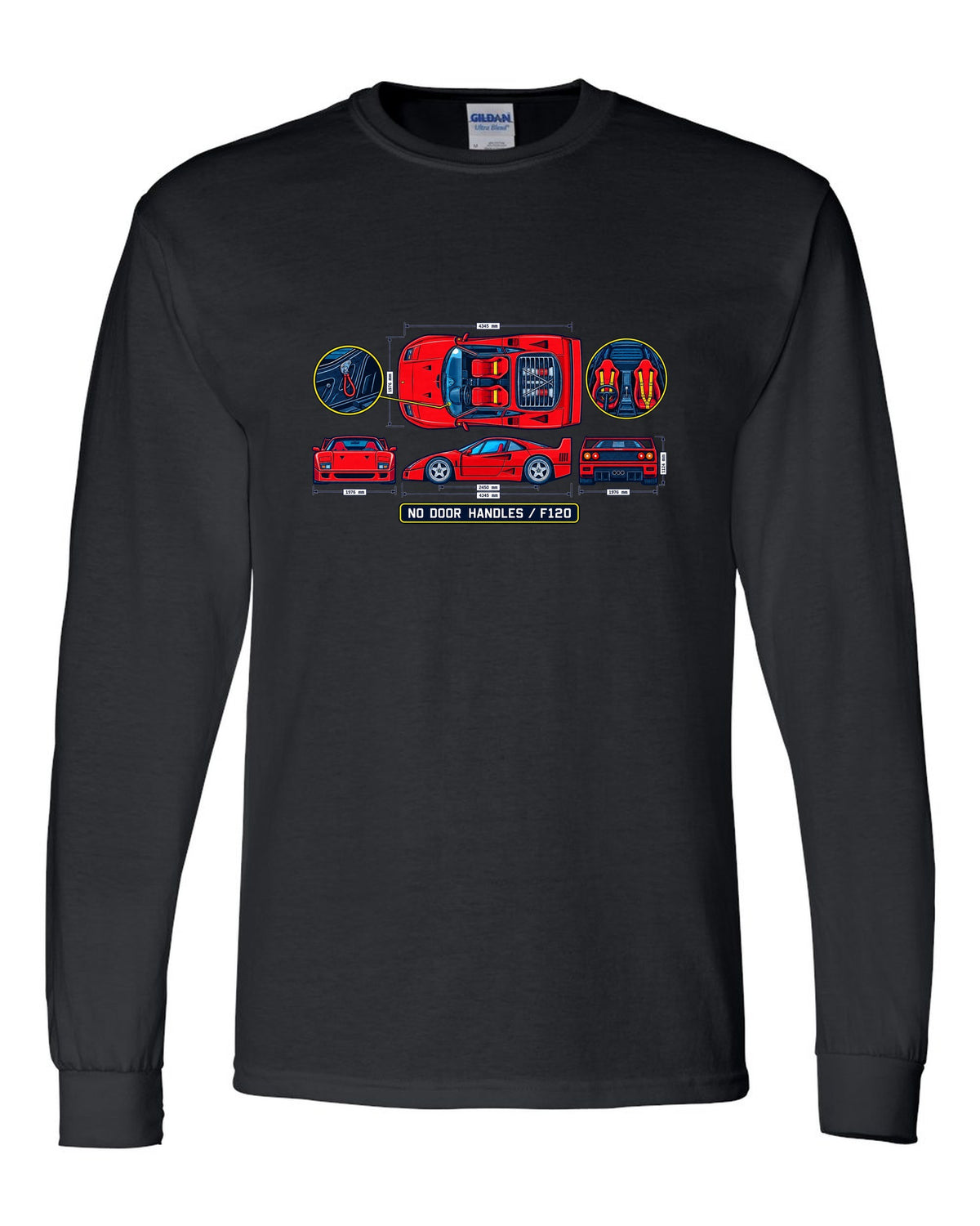 Technical blueprint print of a 1987 Ferrari F40 F120 cabin with no door handles text black long sleeve front view with the design