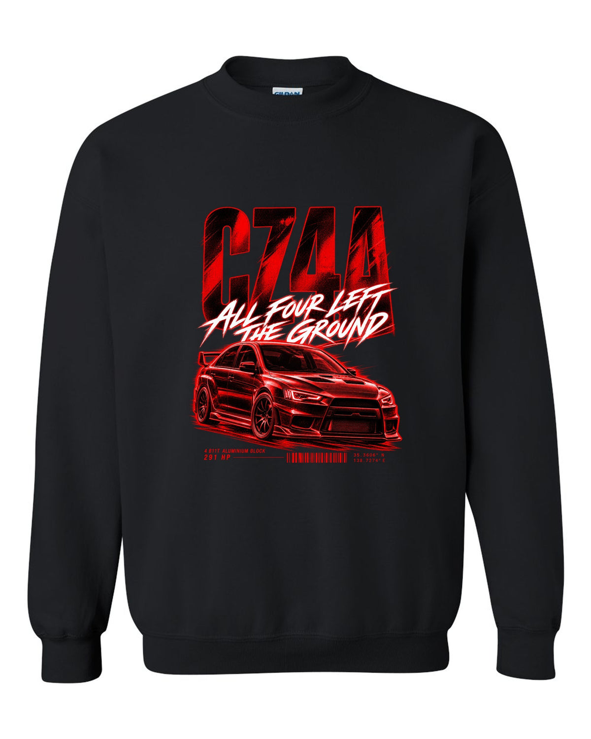 Mitsubishi Lancer Evolution X CZ4A street poster print with 4B11T and 291 HP text black crewneck front view with the design