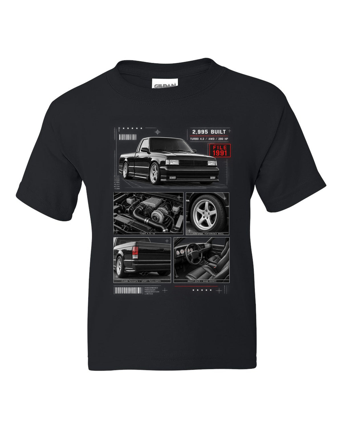 Dossier-style print of a 1991 GMC Syclone with detail panels black kids tee front view with the design