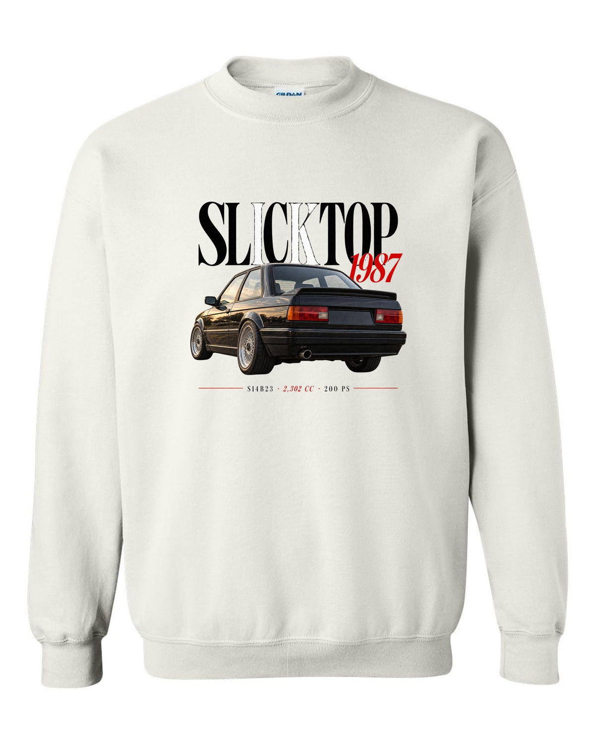 BMW E30 M3 Slicktop 1987 editorial headline print with S14B23 spec text white crewneck front view with the design
