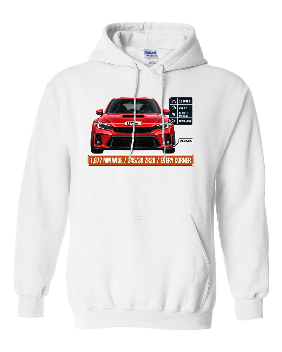Front elevation of a Rallye Red Honda Civic Type R FK8 on a spec poster print white pull over hoodie front view with the design