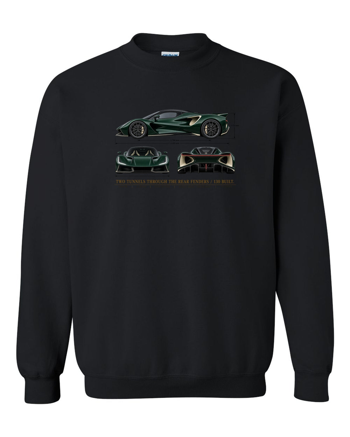 Lotus Evija three-view spec sheet print with two tunnels through the rear fenders and 130 built text black crewneck front view with the design