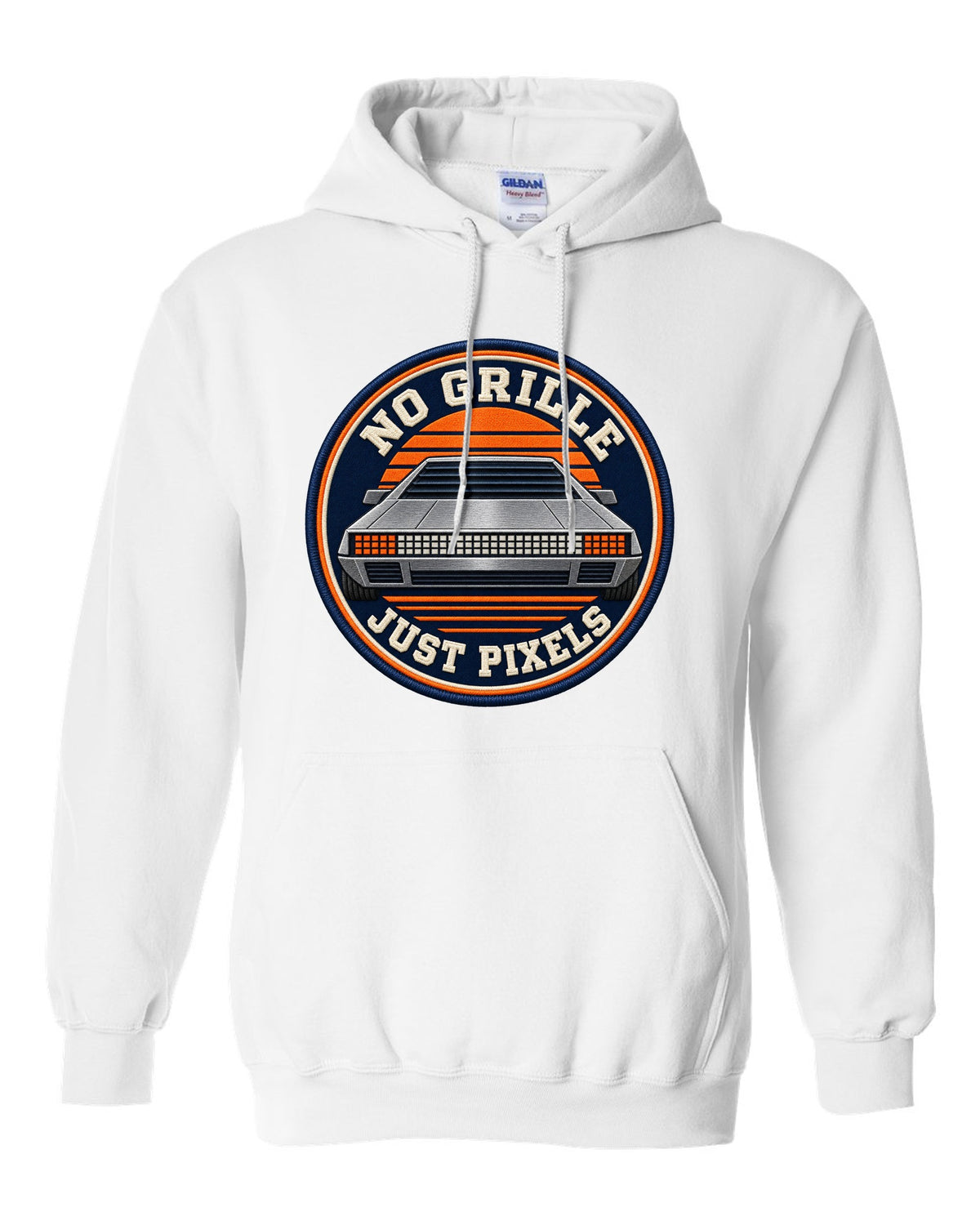 Varsity crest design of the Hyundai N Vision 74 concept with pixel styling white pull over hoodie front view with the design