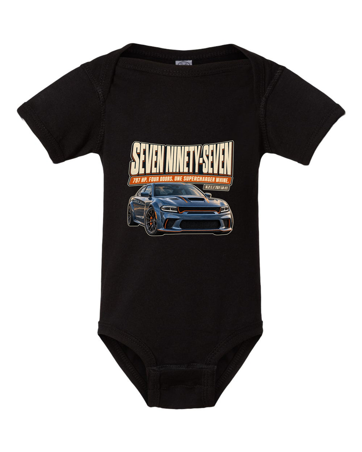 Dodge Charger SRT Hellcat Redeye Widebody editorial headline print black baby onesie front view with the design