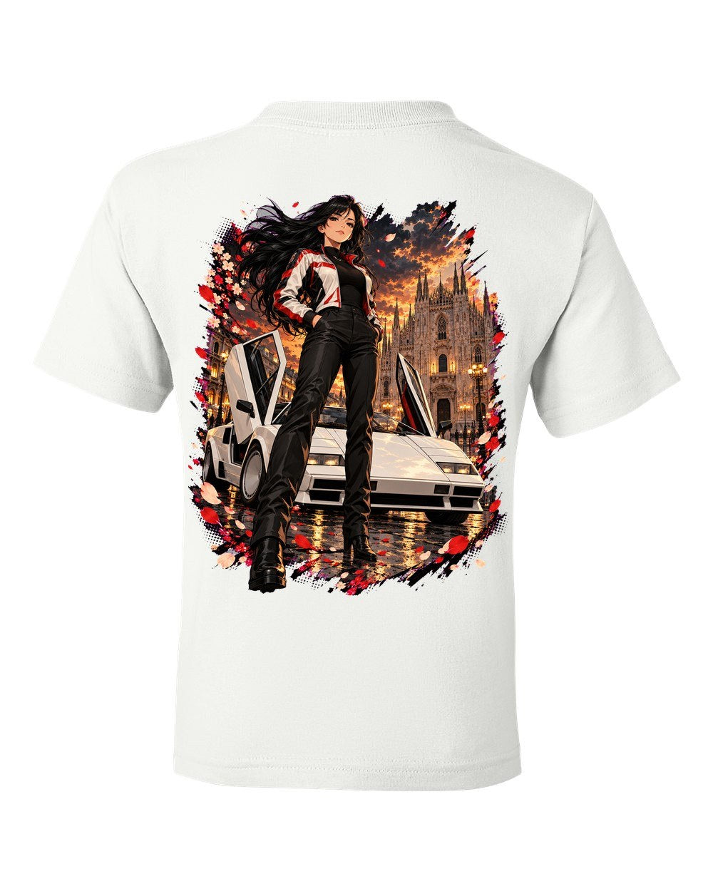 Lamborghini Countach Anime Girl Kids Tee White back