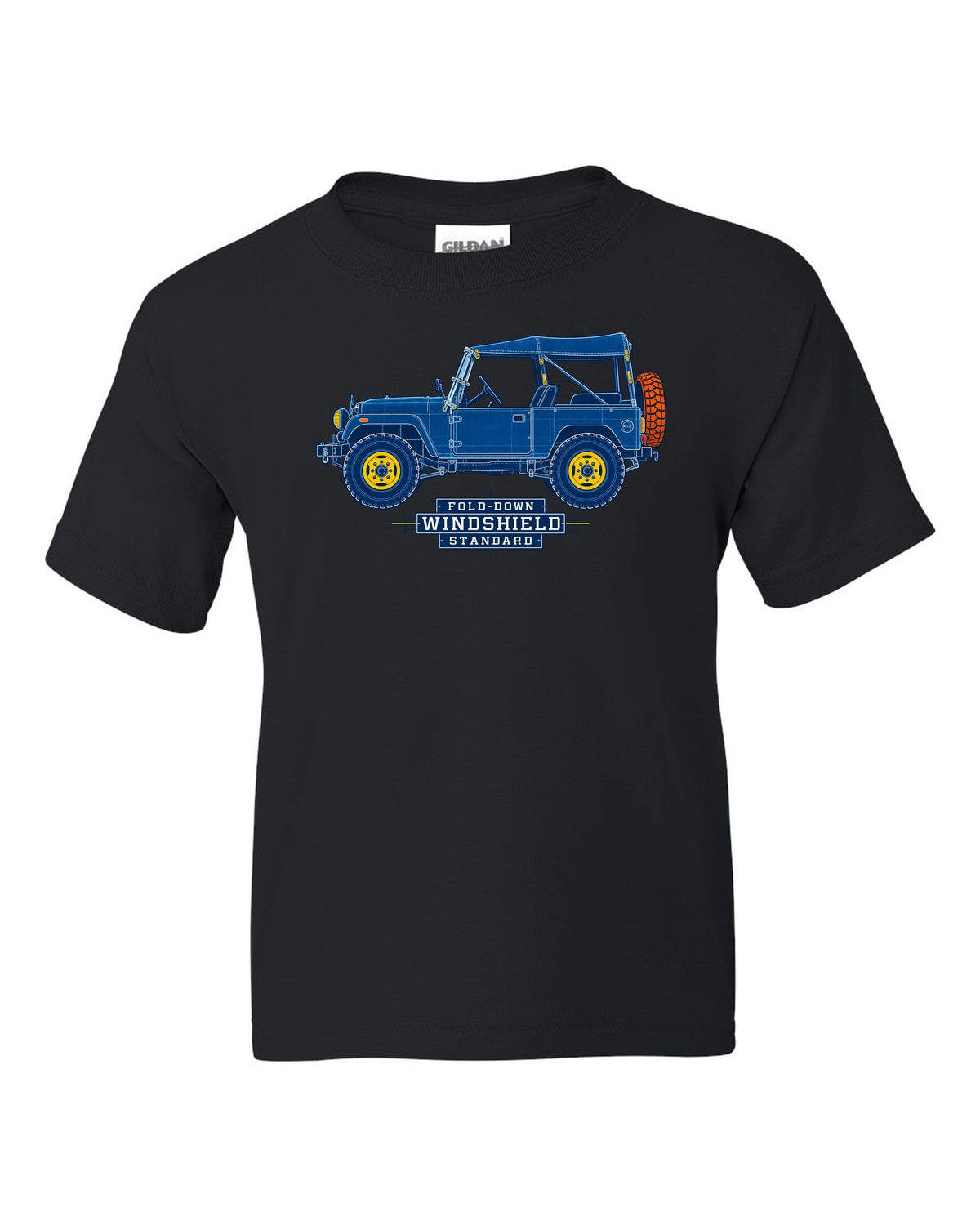Cyanotype blueprint of a Toyota Land Cruiser FJ40 with fold-down windshield lettering black kids tee front view with the design