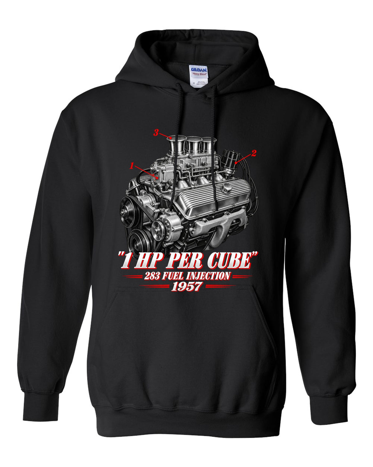 Chevrolet Corvette C1 1957 fuel-injected 283 engine print black pull over hoodie front view with the design