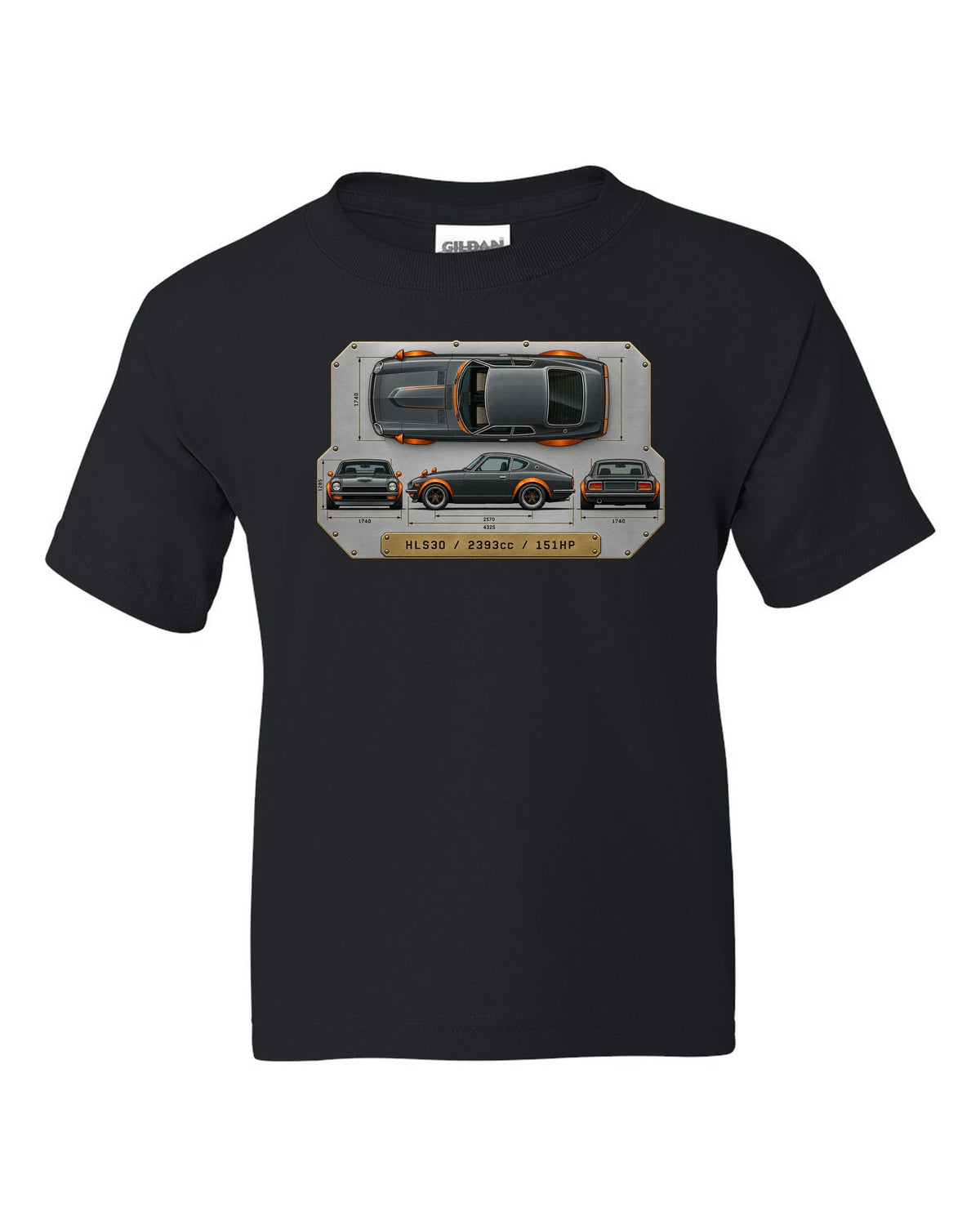 Top-down spec plate print of a Datsun 240Z HLS30 with 2393cc and 151HP black kids tee front view with the design