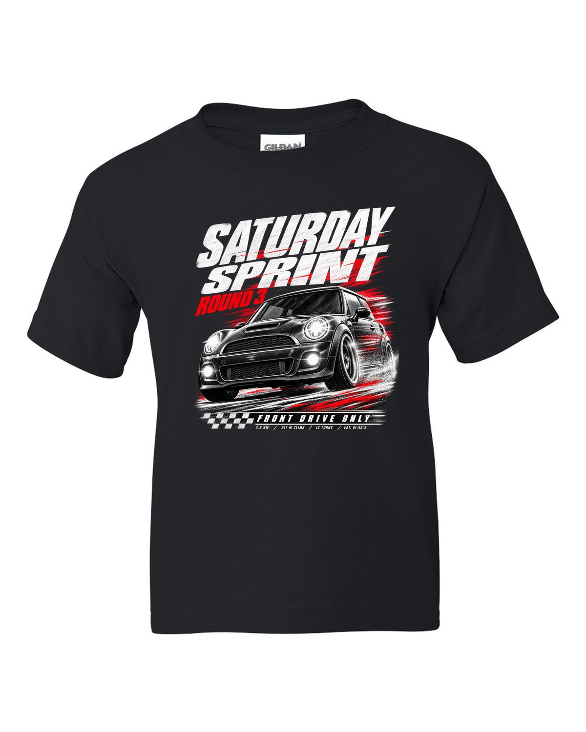 Race poster print of a Mini Cooper JCW R56 front three-quarter at a Saturday sprint round three black kids tee front view with the design